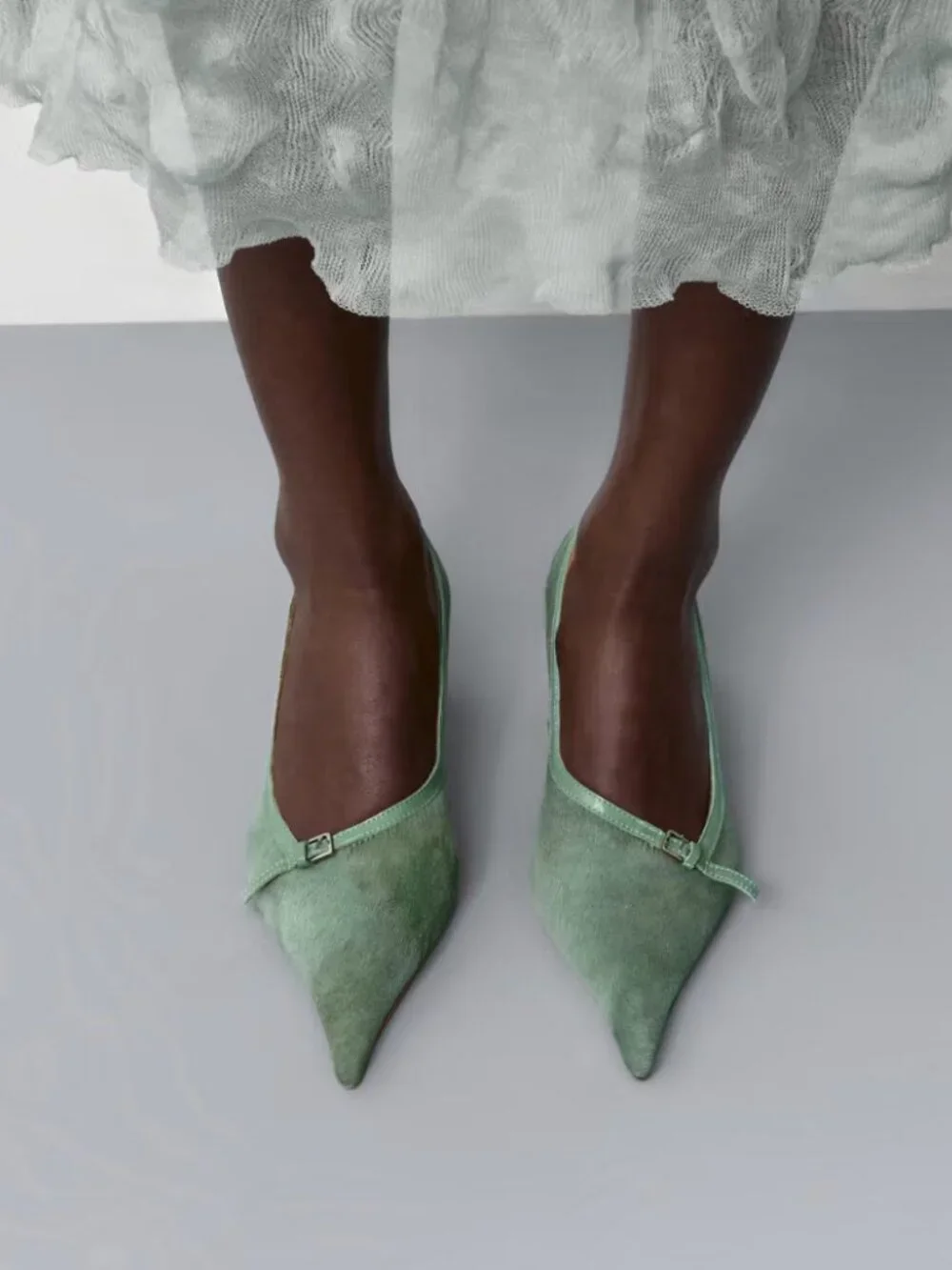 Miista Sage Green Suede Pointed Toe Mid-Heel Pumps